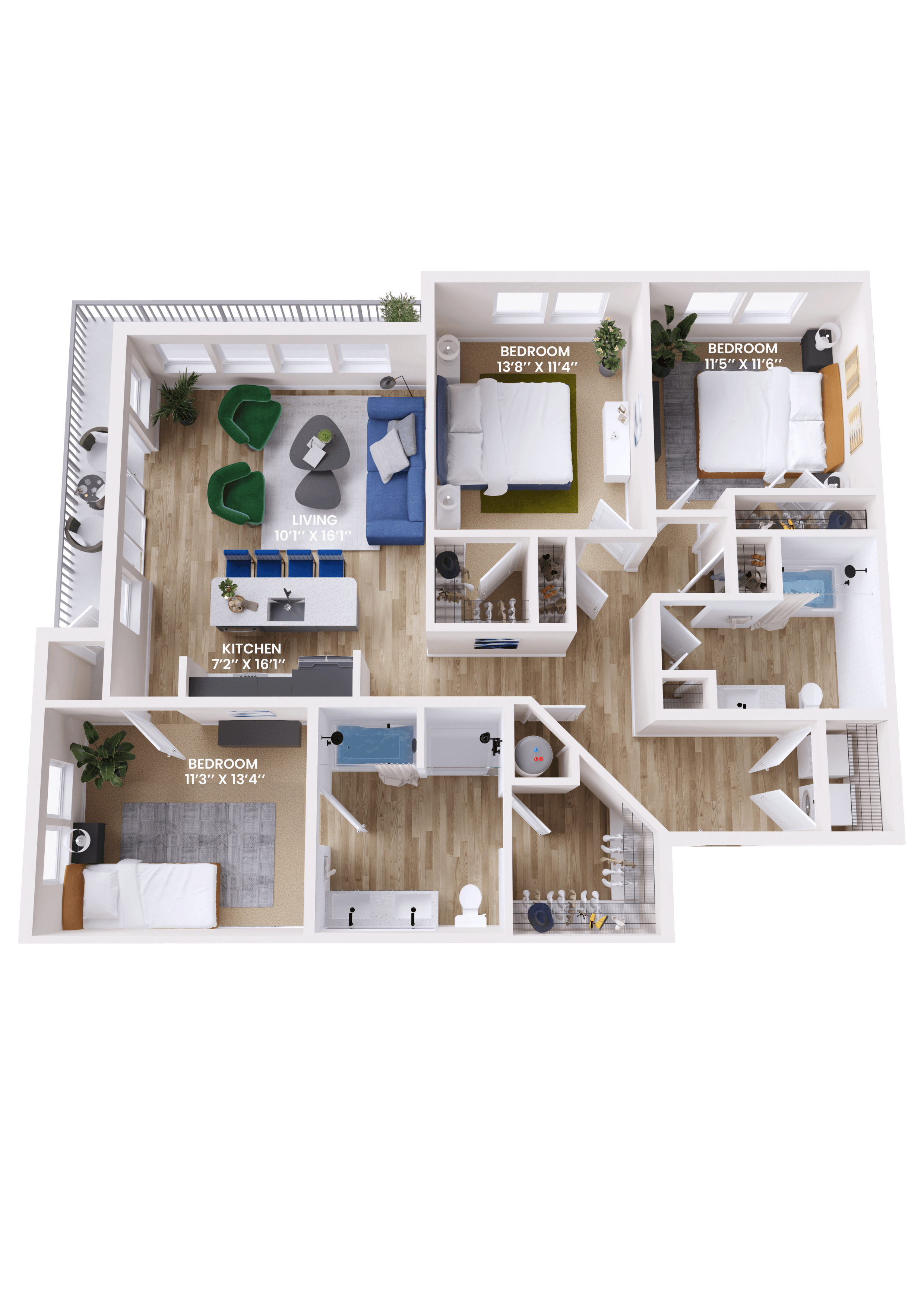 Floor plan for 3 beds, 2 baths, 1383 sqft